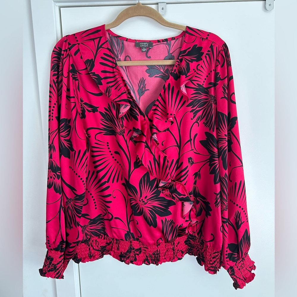 Hot Pink and Black Floral Blouse, XL